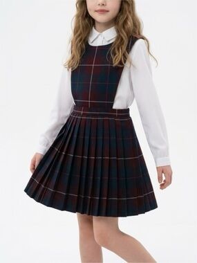 Plaid Pleated Pinafore Dress with White Blouse - Navy & Burgundy